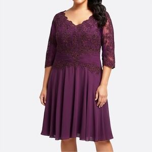 NWT Regal Plum Lace & Chiffon Cocktail‎ Dress Elegant Wedding Guest Midi 0X L